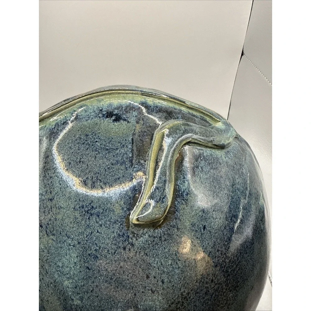 Hand Made Pottery Bowl, JS Signed Blue Green Color Textured Abstract 10